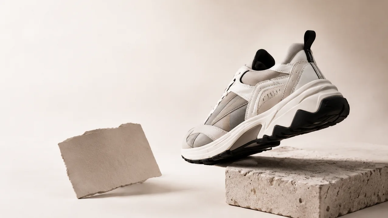Nubikk sneaker resting on a stone plinth